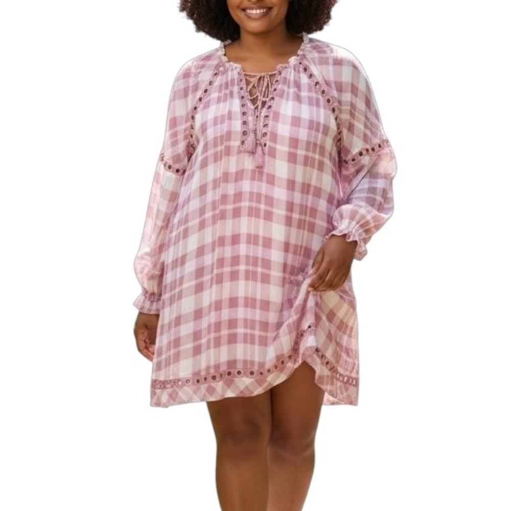➕ Wonderly Romantic Frontier Eyelet Pink and White Plaid Dress | Size 0X